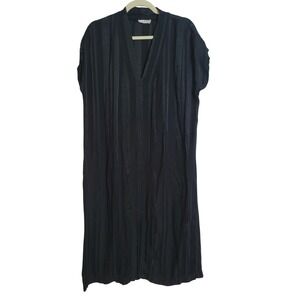 LACAUSA Black Striped V Neck Short Sleeve Midi Dress Size Small Rayon Resortwear